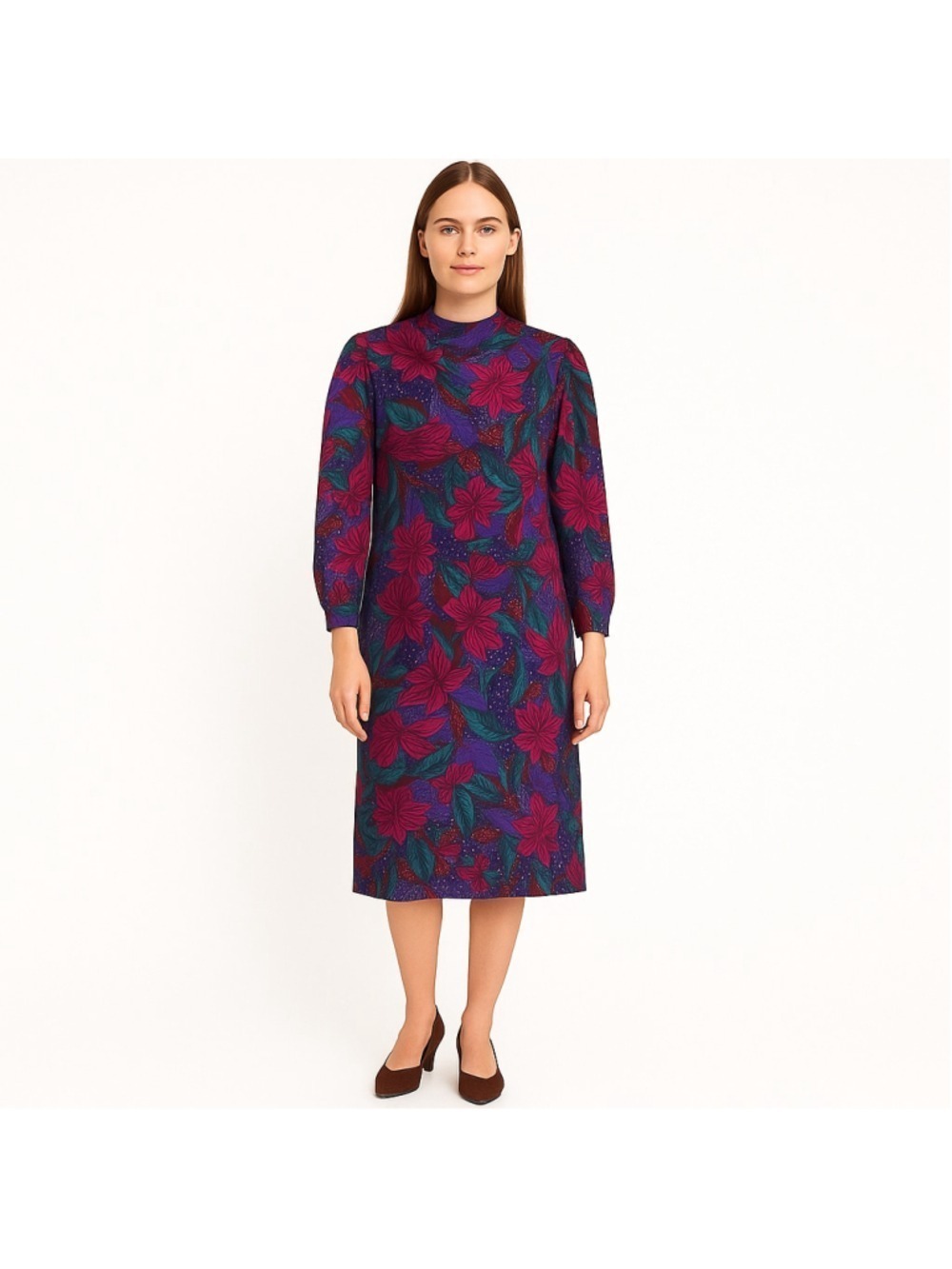 Vintage 80s Floral Midi Shift Dress Jewel Tone Silk Wool Office Day Dress, 14